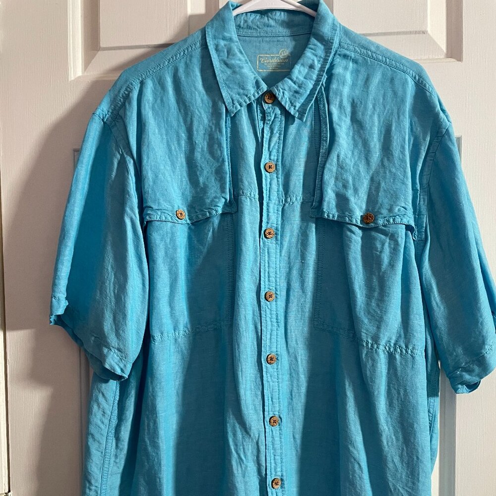 X Large (XL) Men's Sky Blue Caribbean Short Sleeve Casual Linen blend Shirt